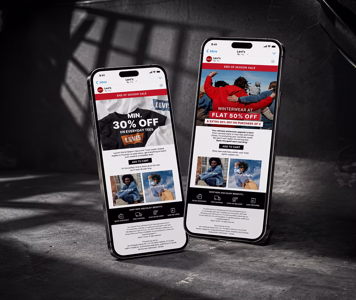 Levi's email campaigns displayed on phones